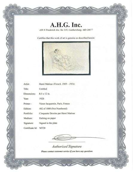 Very rare Henri Matisse etching signed in the plate, C.1920, from the series of Cinquante Dessins