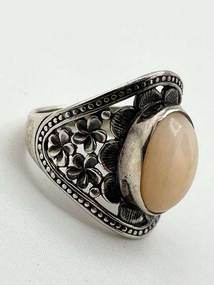 925 Sterling Silver White Bamboo Coral Set In Ornate Floral And Vine Design Ring