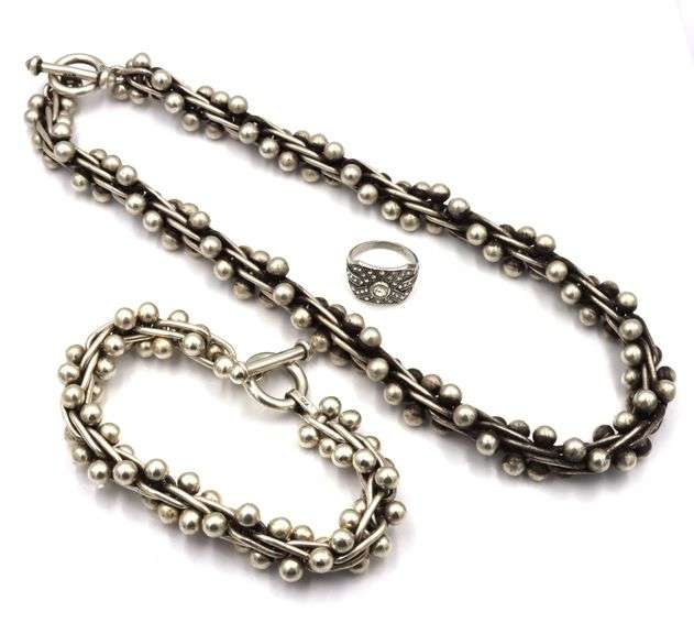 Set of 925 Sterling silver Edinburg Hallmarked beaded necklace and matching bracelet and ring