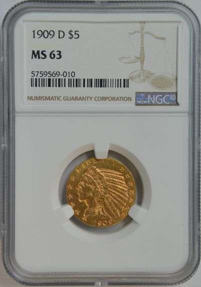 Super Choice BU and lovely 1909-D $5 Indian Gold Piece. NGC MS63