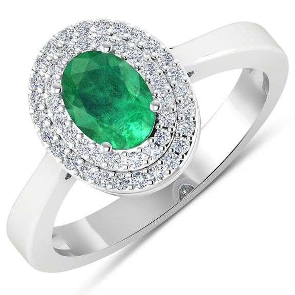 14KT White Gold 0.70ct Zambian Emerald and Diamond Ring