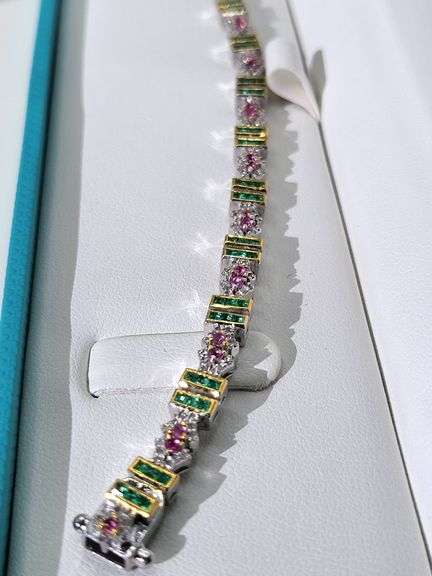 Old Fashion Silver Bracelet with high value Diamonds, Emeralds, and Rubies