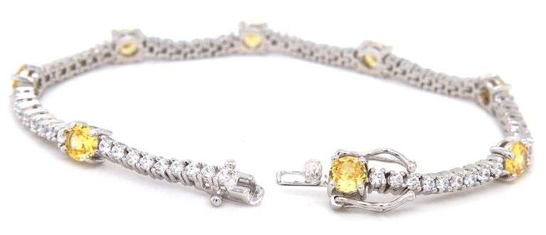 Round brilliant yellow and white cubic zirconia tennis bracelet in 925 sterling silver
