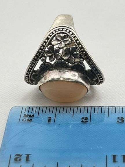 925 Sterling Silver White Bamboo Coral Set In Ornate Floral And Vine Design Ring