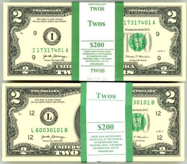 2 Diff. Superb Gem CU $200 Packs of 2017-A Series $2 Bills in Sequence (I & L)