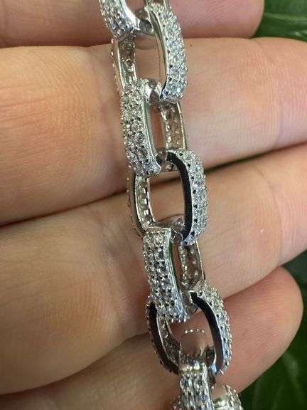 Rhodium Plated 925 Sterling Silver CZ Encrusted Micro Pave Link Chain 8.9mm New 9"