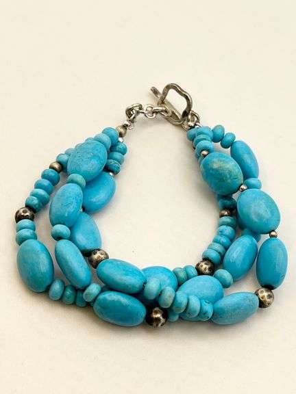 925 Sterling Silver Multi Strands Turquoise Beads With Silver Ball Accent Bracelet
