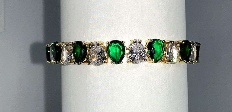 18 Kt Gold Plated 32.5 Ctw Simulated Green Emerald and Diamond Tennis Bracelet