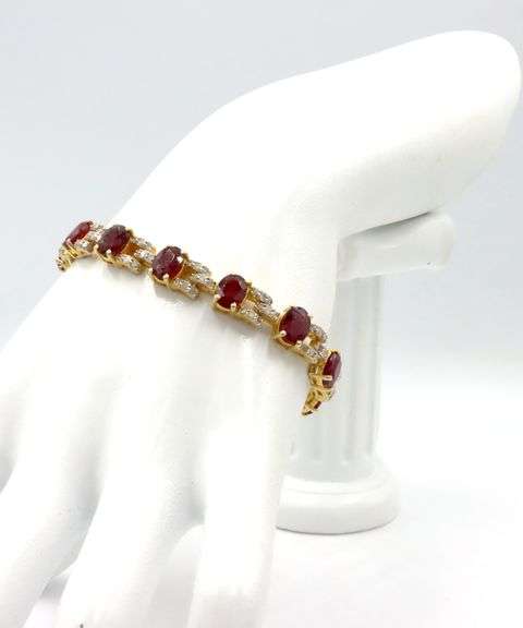 Fabulous 21.30CTW Oval Faceted Ruby & Diamond Bracelet in 14KYellow Gold Over Sterling Silver