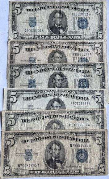 Six Various 1934 1953 Series Circulated $5 Blue Seal Silver Certificates.