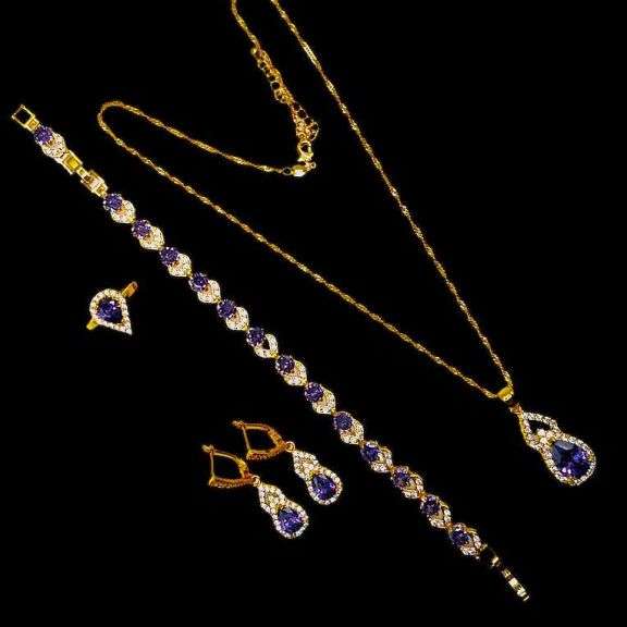 Gold Plate Simulated Amethyst and Diamond 4 Piece Set