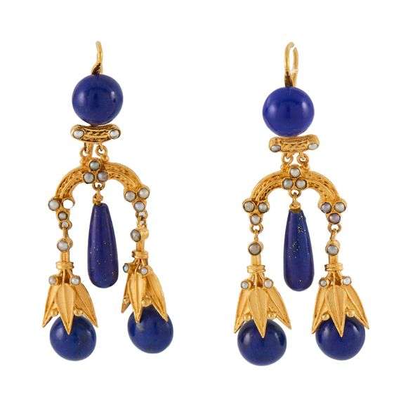 Vintage Seed Pearls and Blue Lapis Dangle Earrings in 10K