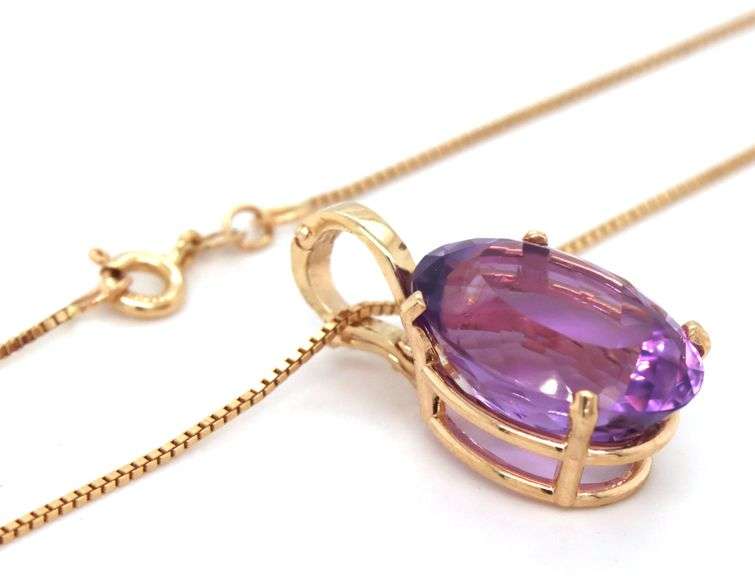 14kt Yellow gold oval amethyst Enhancer pendant on box chain