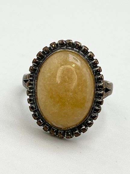 Vintage 925 Sterling Silver Oval Yellow Jasper With Beaded Border Ring