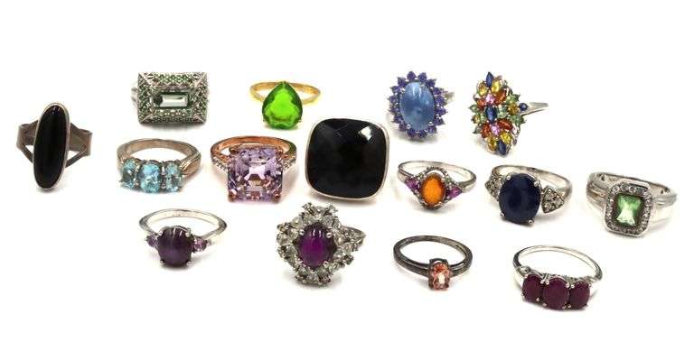 Group lot of 15 vintage 925 sterling silver gemstone rings