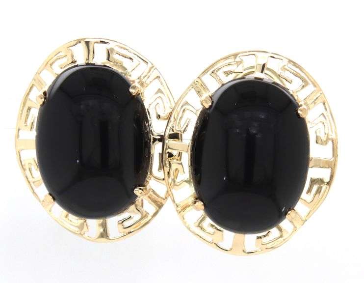 14kt Yellow gold black onyx oval earrings with Greek key halo