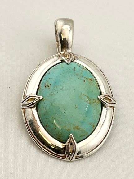 925 Sterling Silver Vintage Southwestern Style Turquoise Oval Shape Pendant