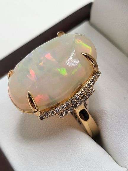 Very fine one Oval Cabochon Opal ring in silver 14k gold plated with diamond accent, 12.29 CTW