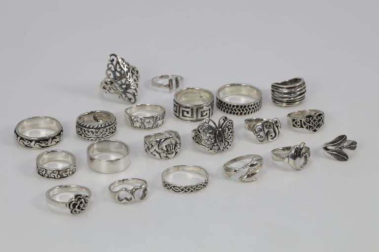 Sterling Silver .925 Curated Ring Assortment Various Sizes & Styles (20 Ring Lot)