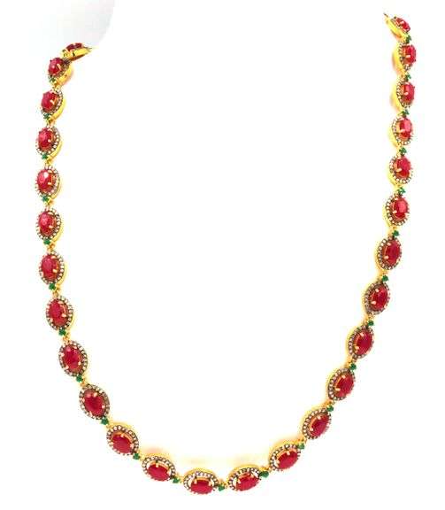 Gorgeous 17.50CTW Oval Faceted Rubies, 5.00CTW Diamonds & Emerald Necklace in14K Yellow Gold Over St
