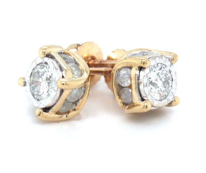 14kt Yellow gold 1ctw diamond stud earrings w channel around base earrings