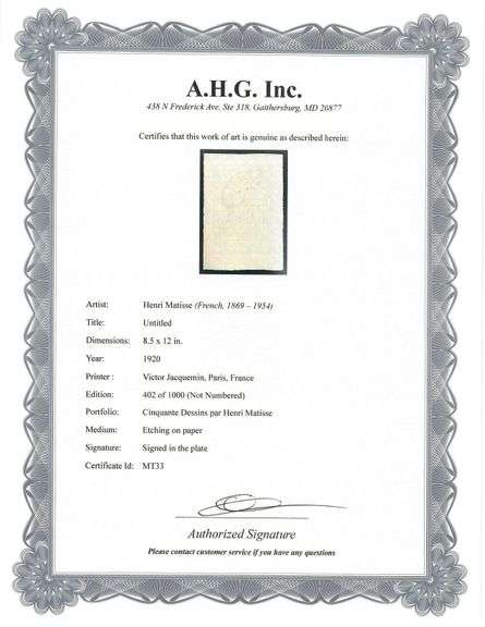 Very rare Henri Matisse etching signed in the plate, C.1920, from the series of Cinquante Dessins