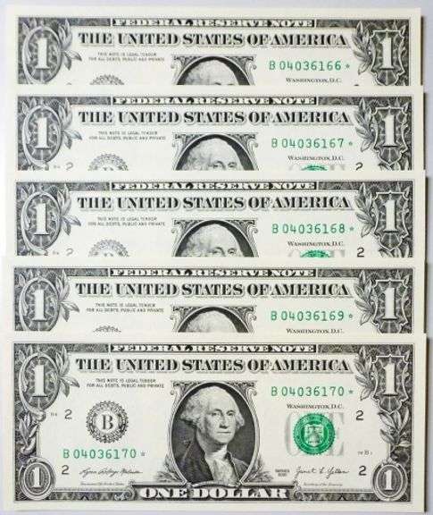 (5) Superb Crisp $1 2021 Star Replacement Notes N.Y.-Consecutive!