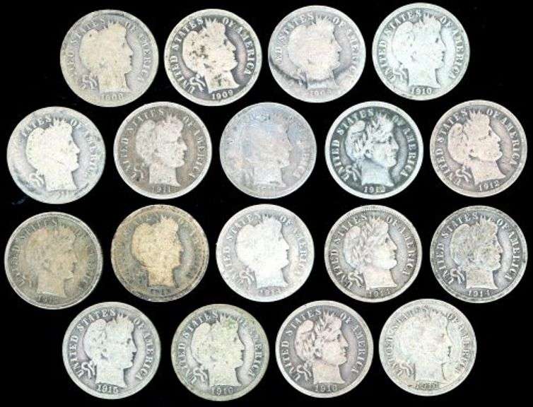 18 Different Barber Silver Dimes: 1908-O to 1916-S