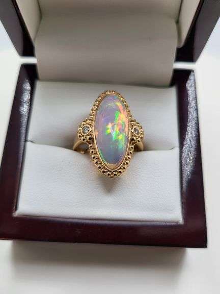 Very fine one Marquise Opal ring in silver 14k gold plated with diamond accent, 3.58 CTW