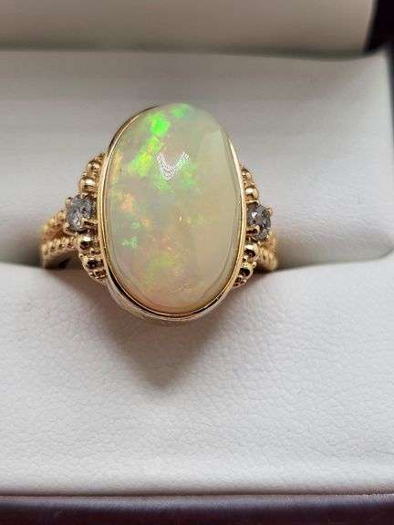 Very fine one Cabochon Pear Opal ring in silver 14k gold plated with diamond accent, 3.41 CTW