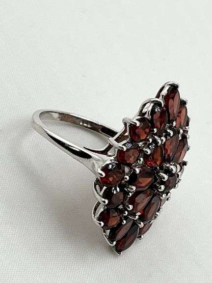925 Sterling Silver Floral Spray Design Cluster Garnet Ring