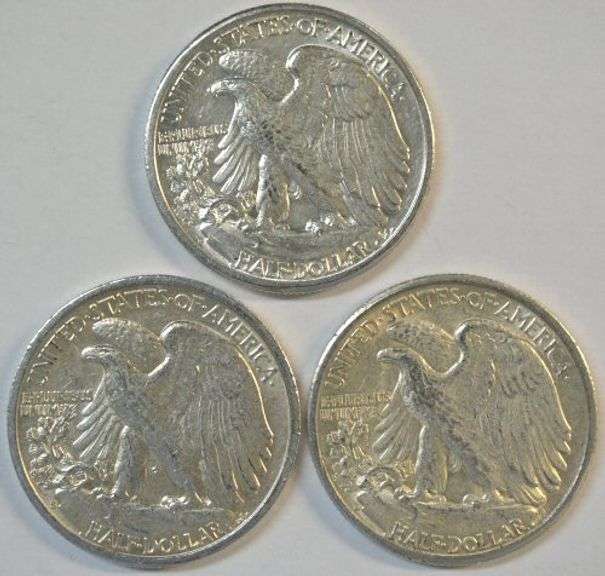 3 Nice AU Mintmarked Walking Liberty Halves: 1942-D, 1942-S, & 1945-D