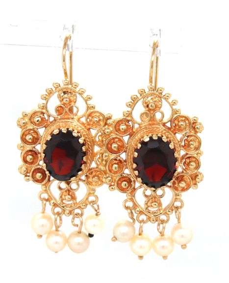14kt Yellow gold Reproduction Victorian oval garnet and pearl drop earrings