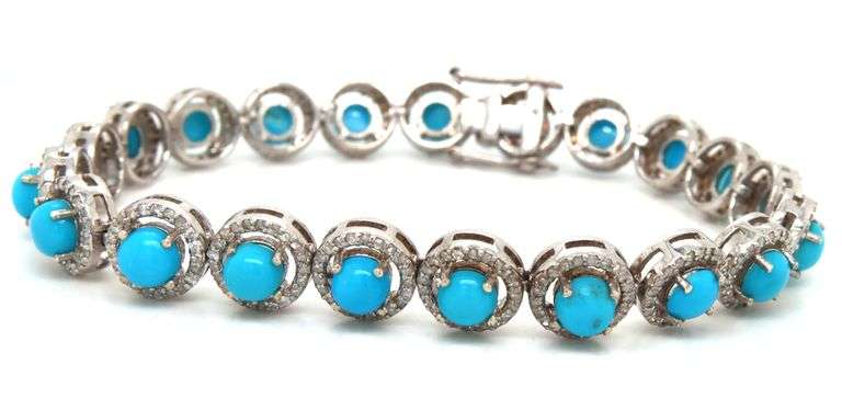 Awesome 10.00CTW Round Cabochon-Cut Turquoise & Diamonds in 14K White Gold Over Sterling Silver