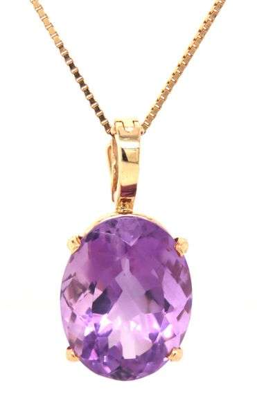 14kt Yellow gold oval amethyst Enhancer pendant on box chain