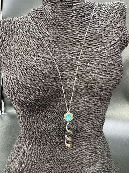 Persian Turquoise Pendant with Freshwater Pearl 18k Gold over Oxidized 925 Sterling Silver 24" Neckl