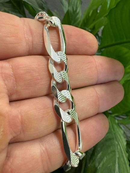 Men's 11.2mm .925 Sterling Silver Heavy Pave Figaro Chain Cuban Link Italy Bracelet 9"