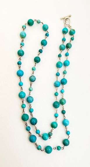925 Sterling Silver Long Round Turquoise Beads With Smaller Spacer Beads And Silver Link Necklace