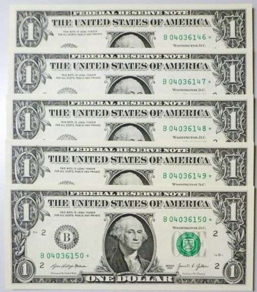 (5) Superb Crisp $1 2021 Star Replacement Notes N.Y.-Consecutive!