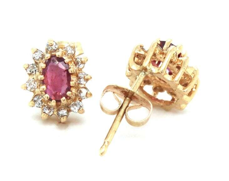 14kt Yellow gold Garnet and diamond halo earrings