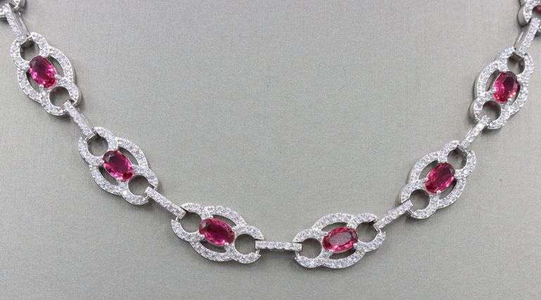 925 Sterling silver oval red and round white cubic zirconia necklace