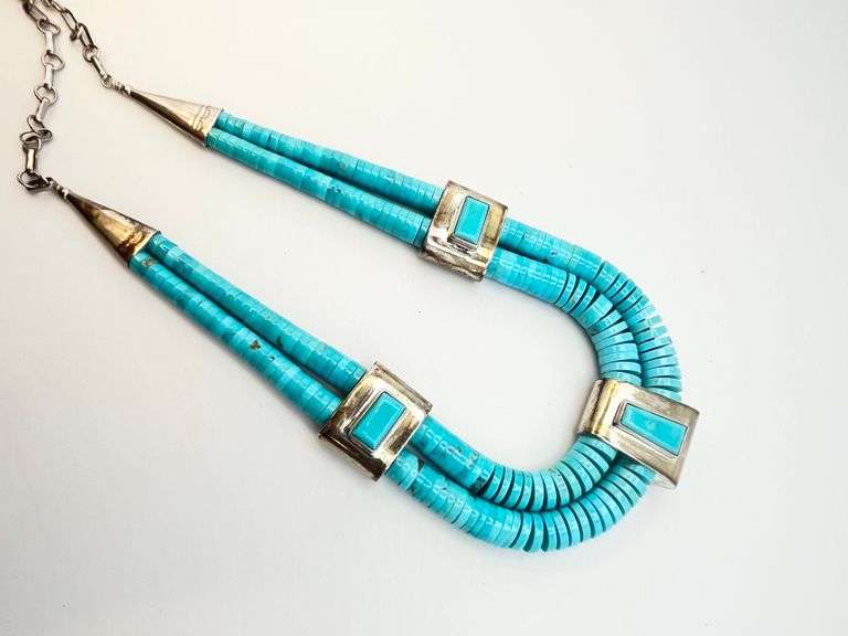 925 Native American Sterling Silver Turquoise tab And Heishi Necklace