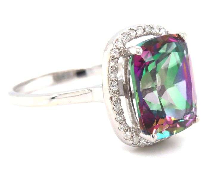 14kt White gold Cushion mystic topaz and diamond halo ring
