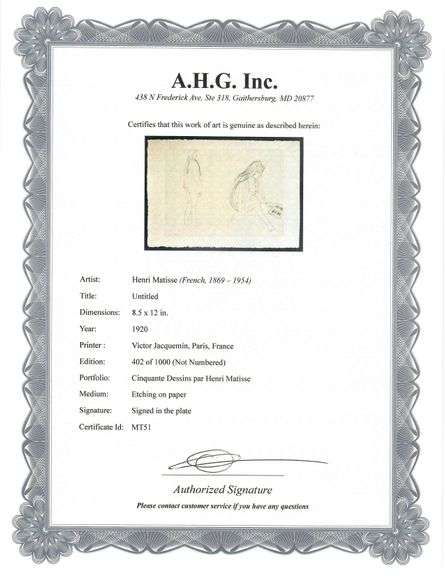 Very rare Henri Matisse etching signed in the plate, C.1920, from the series of Cinquante Dessins