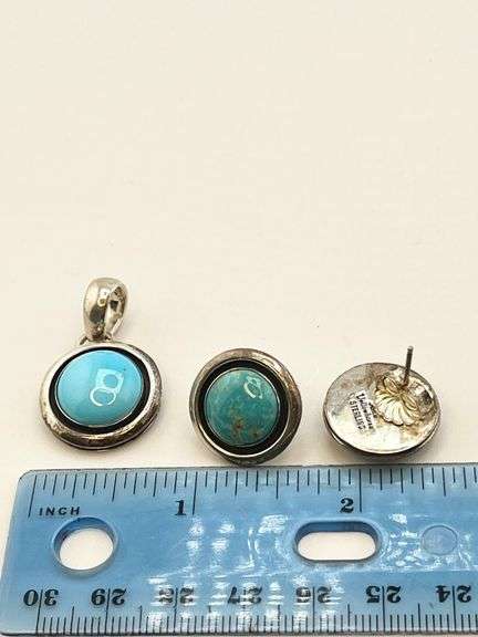 925 Sterling Silver Signed Artie Yellowhorse Turquoise Set Of Earrings And Pendant