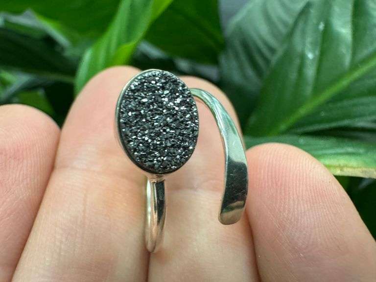 Sterling Silver 925 Titanium Coated Druzy Agate Crystal Stone Ring Adjustable Spoon Band
