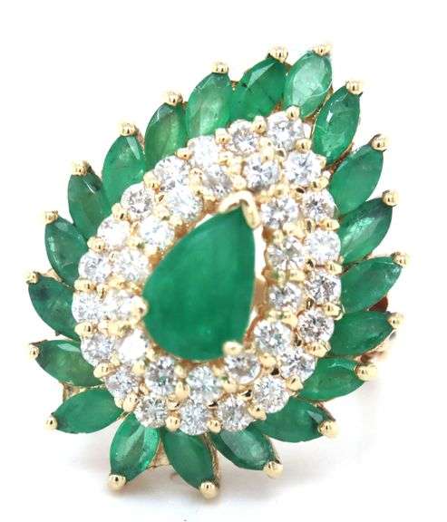 14kt Yellow gold pear shaped and marquise cut emerald and diamond pear shaped ring