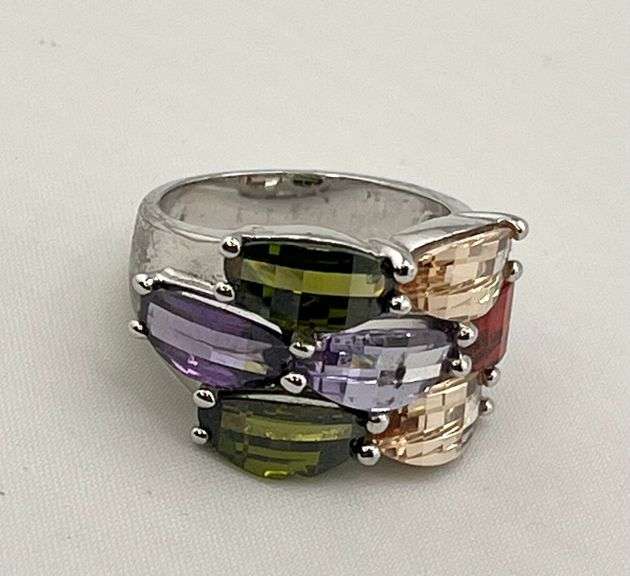 925 Sterling Silver Baguette Cut Multi Color Stones Ring