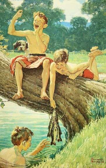 Exclusive Norman Rockwell Signed Limited Edition Lithograph "Three Boys Fishing" with Pubilshers Cer