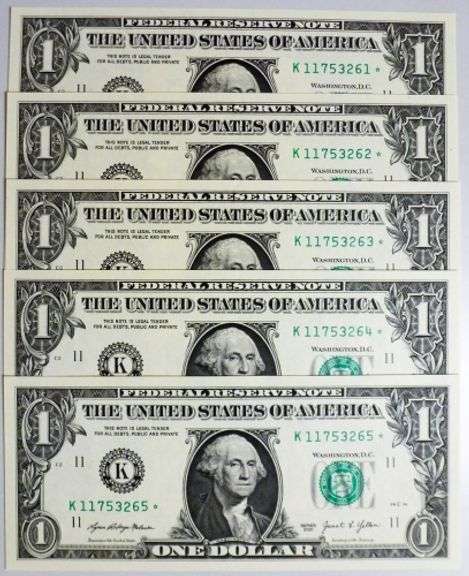 (5) Superb Crisp $1 2021 Star Replacement Notes Dallas-Consecutive!